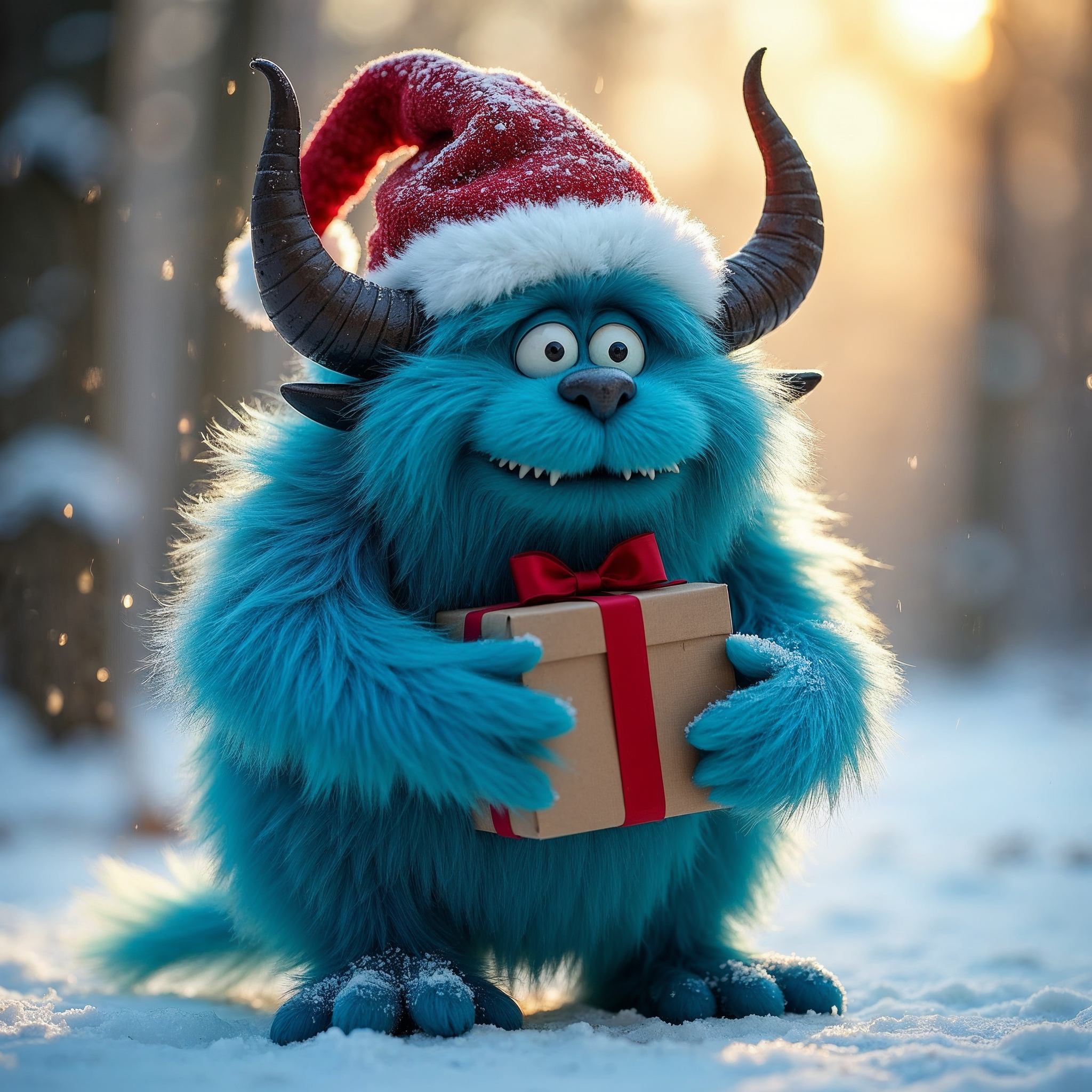 Blue furry monster with Christmas gift Blue furry monster with Christmas gift