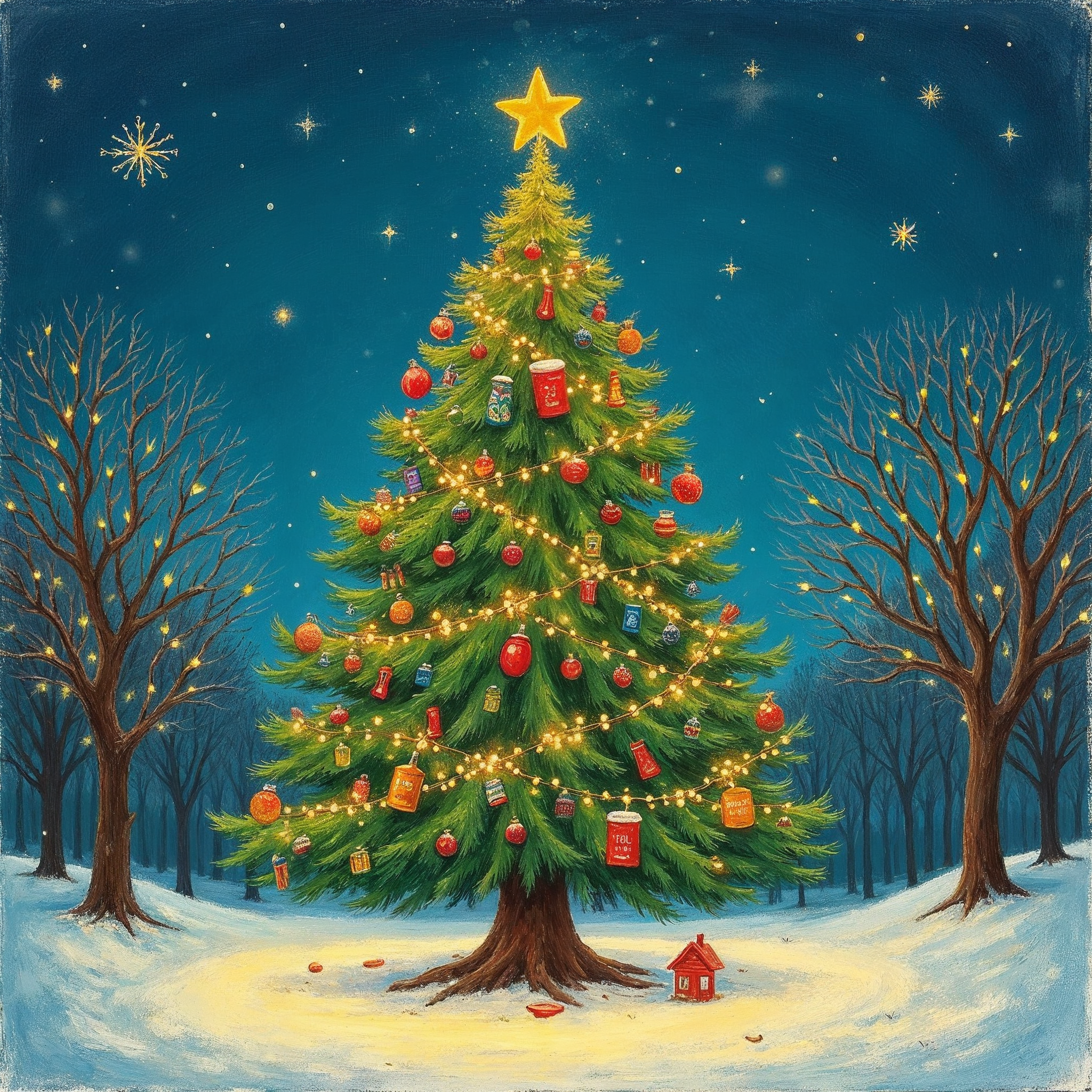 Illustrated Christmas Tree in Snowy Forest Illustrated Christmas Tree in Snowy Forest