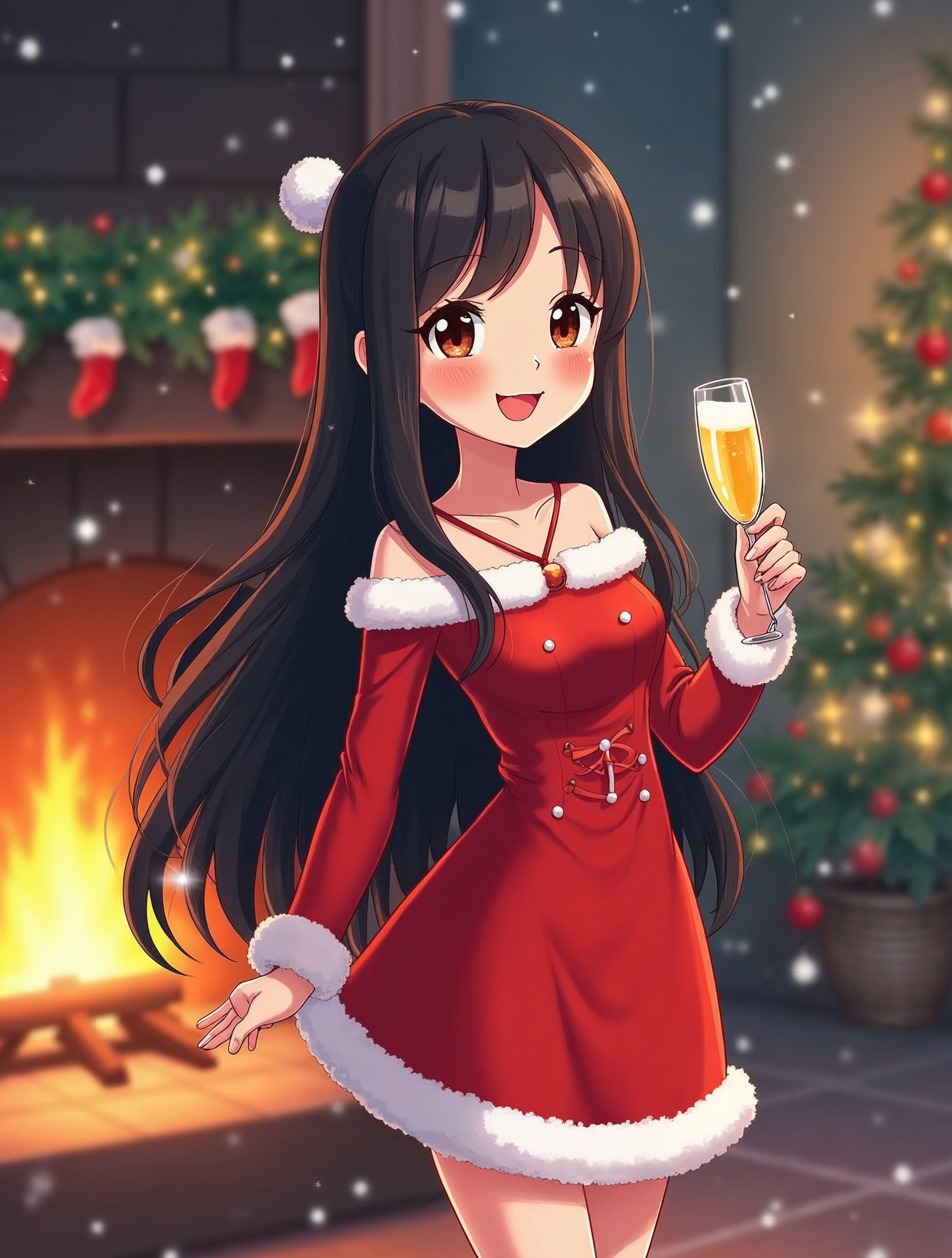 Anime girl in Santa dress toasting champagne Anime girl in Santa dress toasting champagne