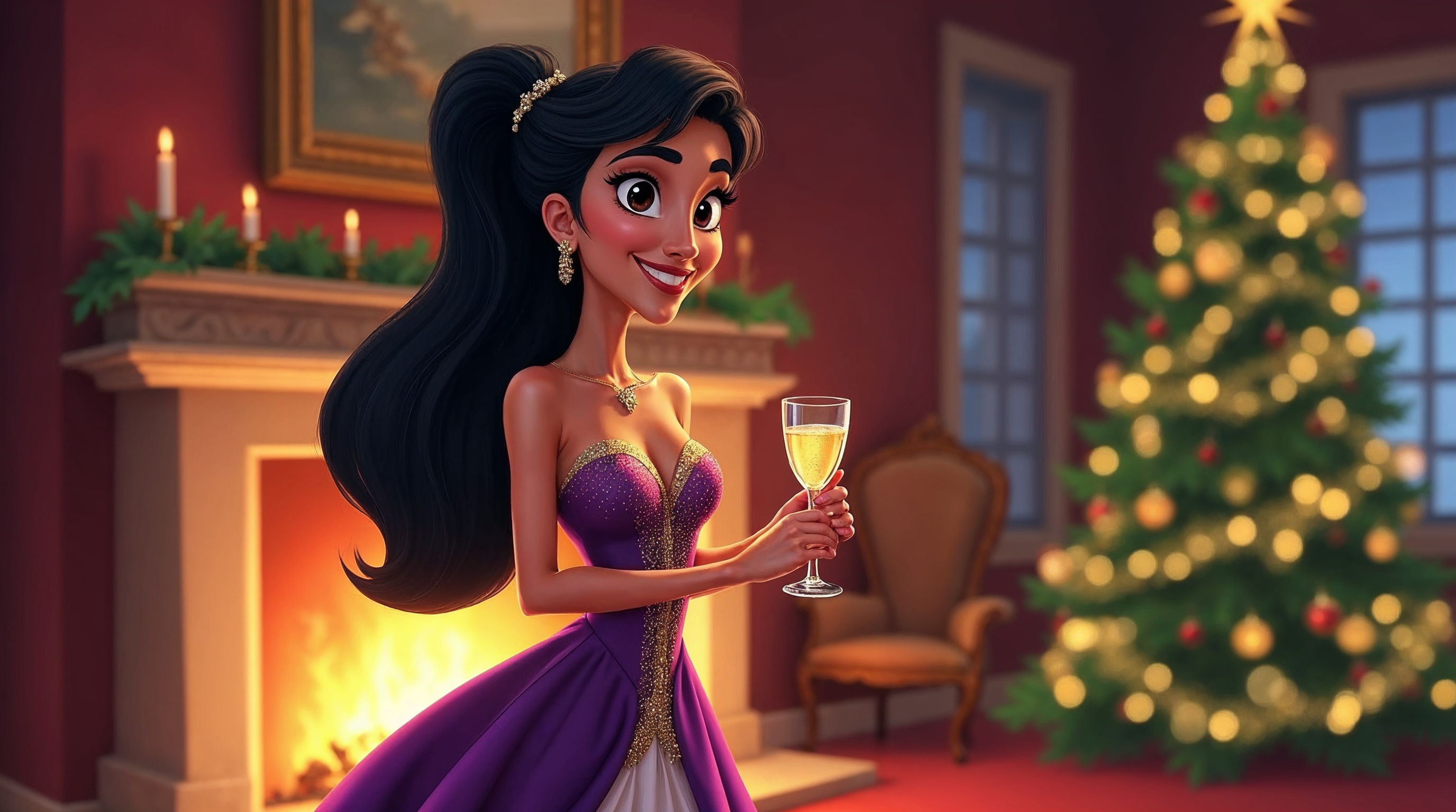 Princess holding champagne by Christmas tree Princess holding champagne by Christmas tree