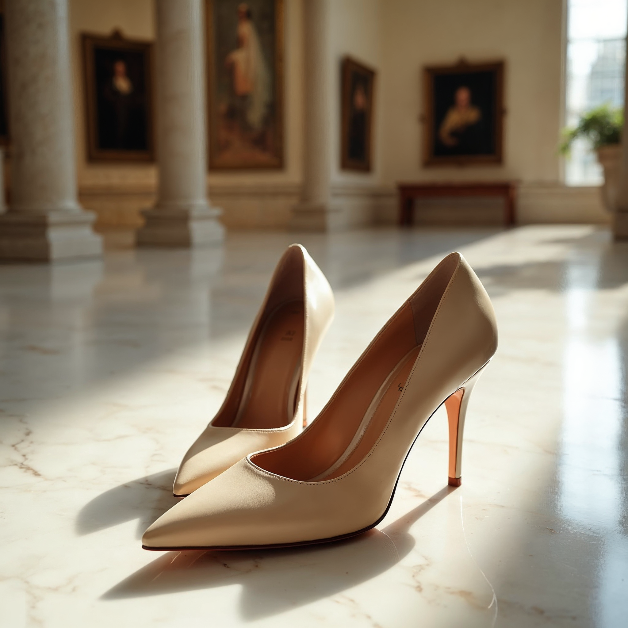 Nude Heeled Shoes on Museum Floor Nude Heeled Shoes on Museum Floor