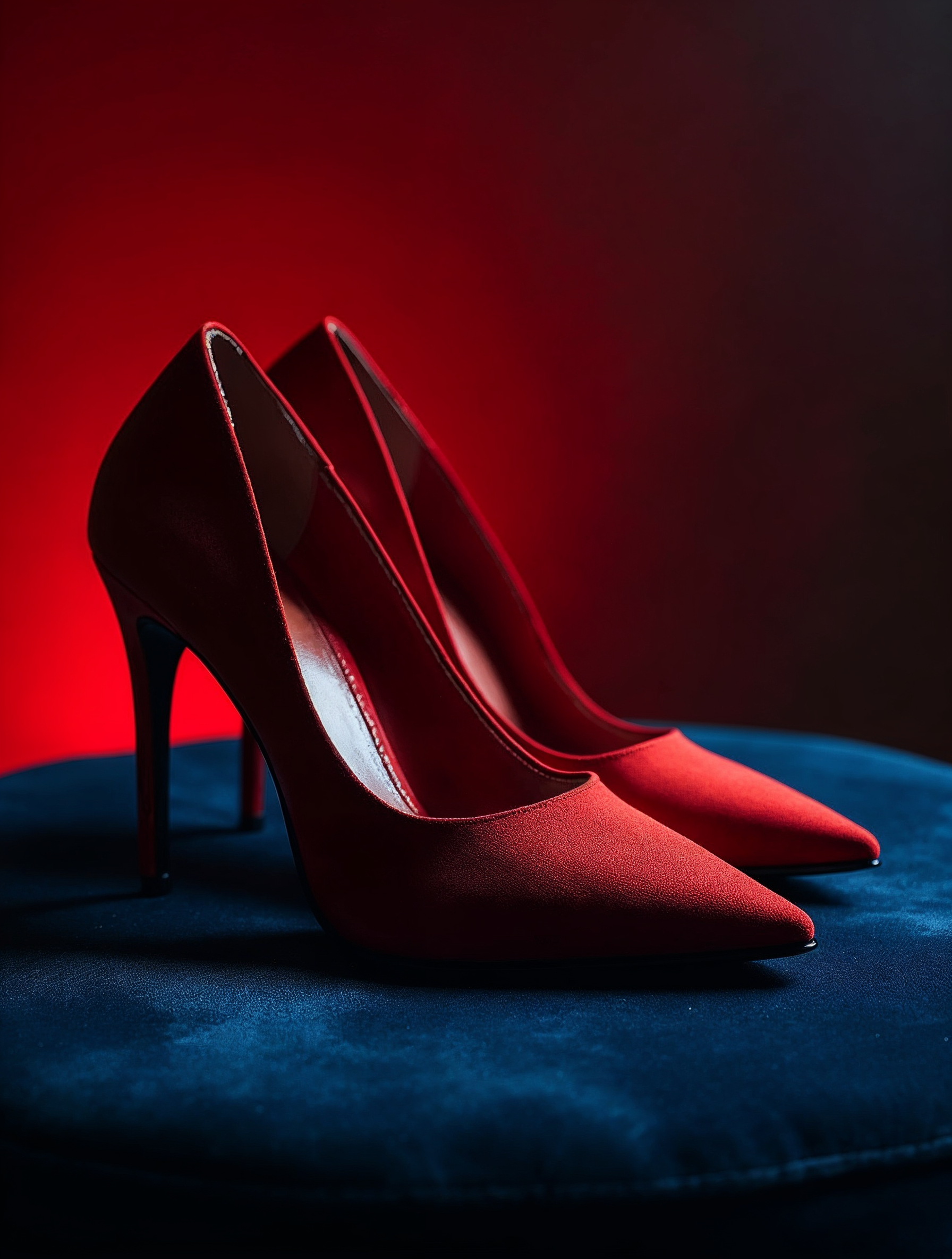 Red High Heel Shoes on Blue Stool Red High Heel Shoes on Blue Stool