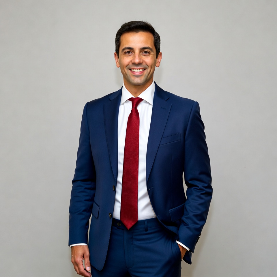 Man in navy suit with red tie Man in navy suit with red tie