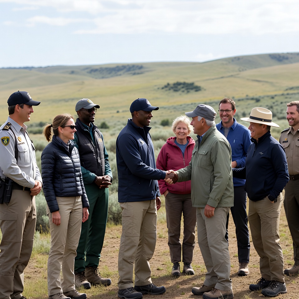 Group of rangers shaking hands outdoors Group of rangers shaking hands outdoors