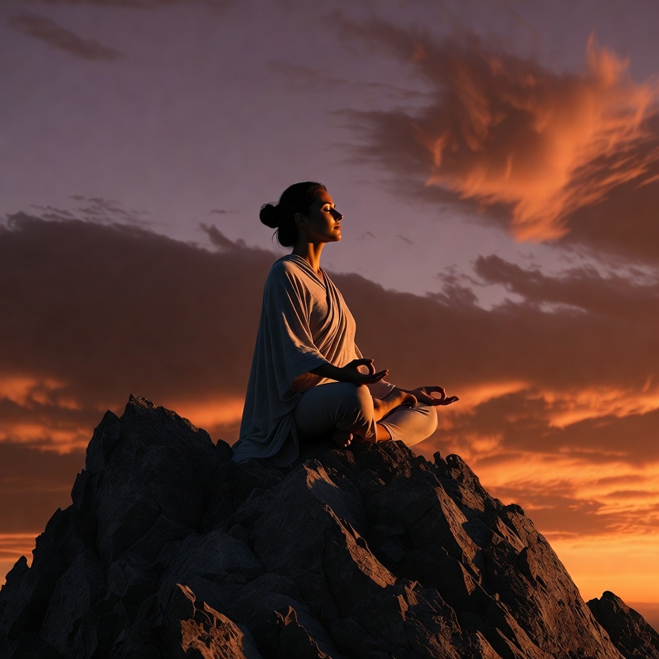Woman meditating on mountain at sunset Woman meditating on mountain at sunset