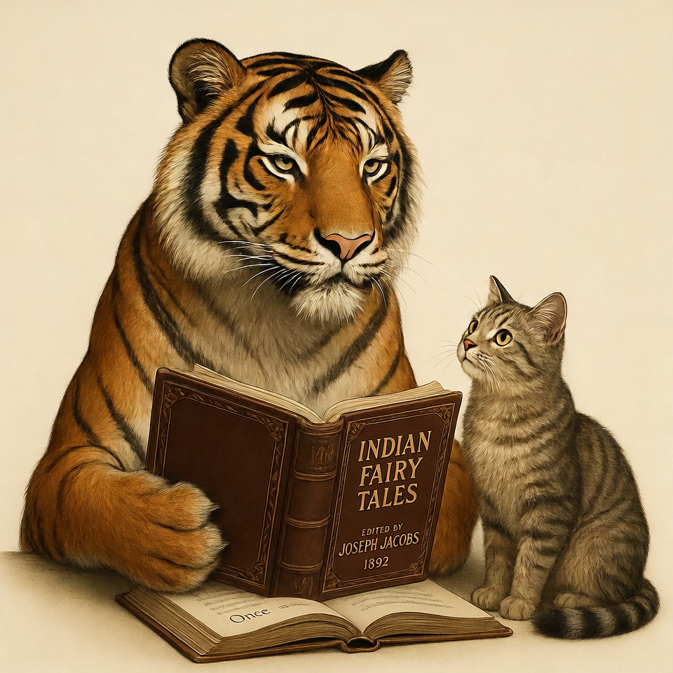 Tiger reading Indian Fairy Tales to kitten Tiger reading Indian Fairy Tales to kitten