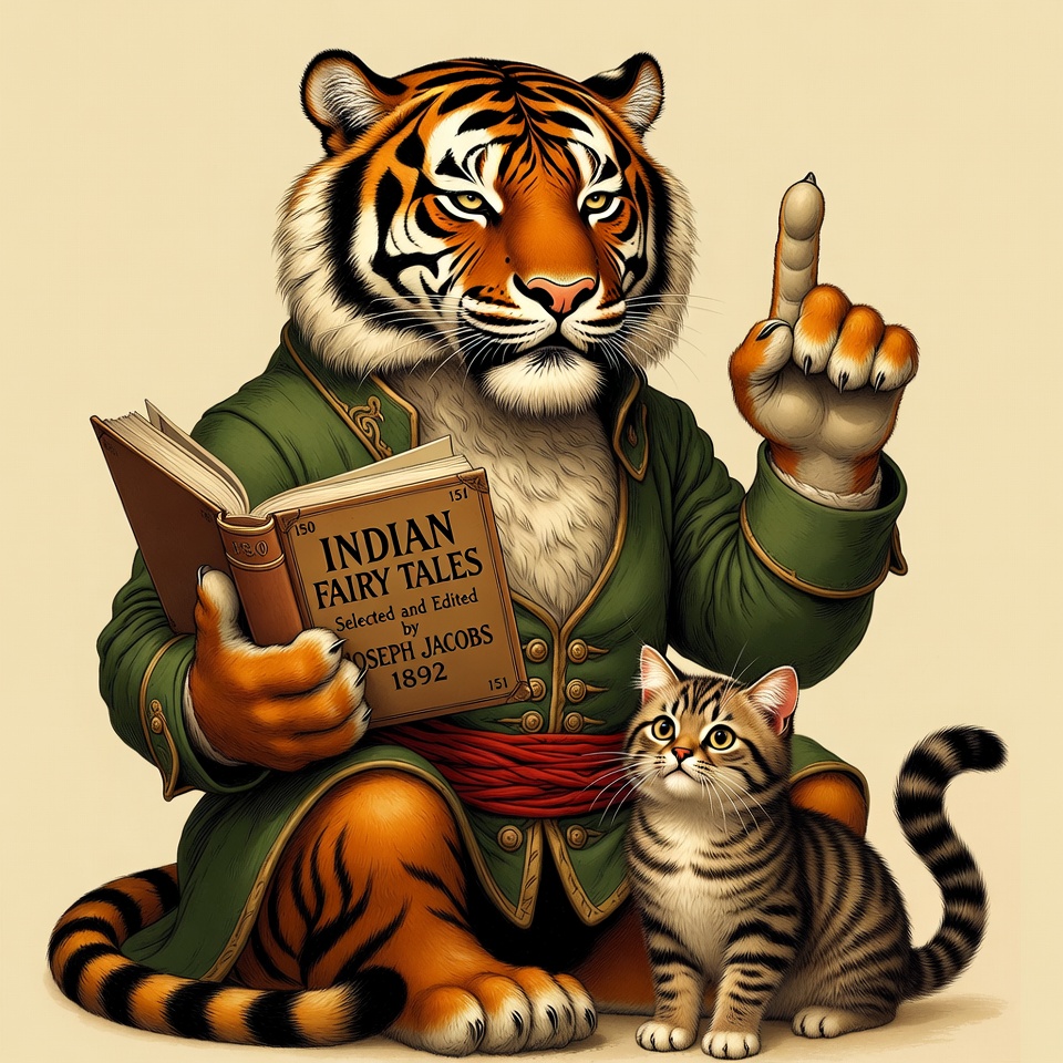 Anthropomorphic tiger reading Indian Fairy Tales Anthropomorphic tiger reading Indian Fairy Tales