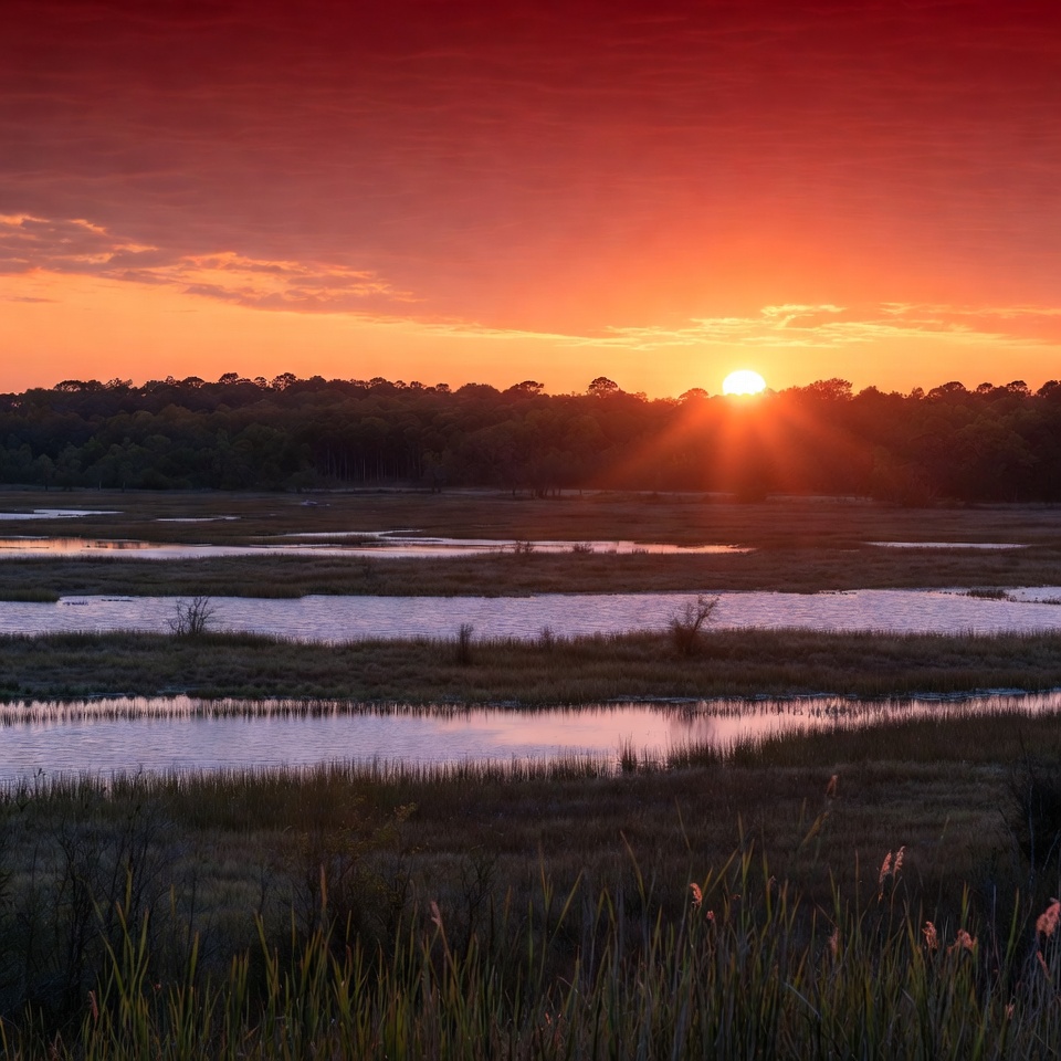 Sunset over marshland with orange sky Sunset over marshland with orange sky