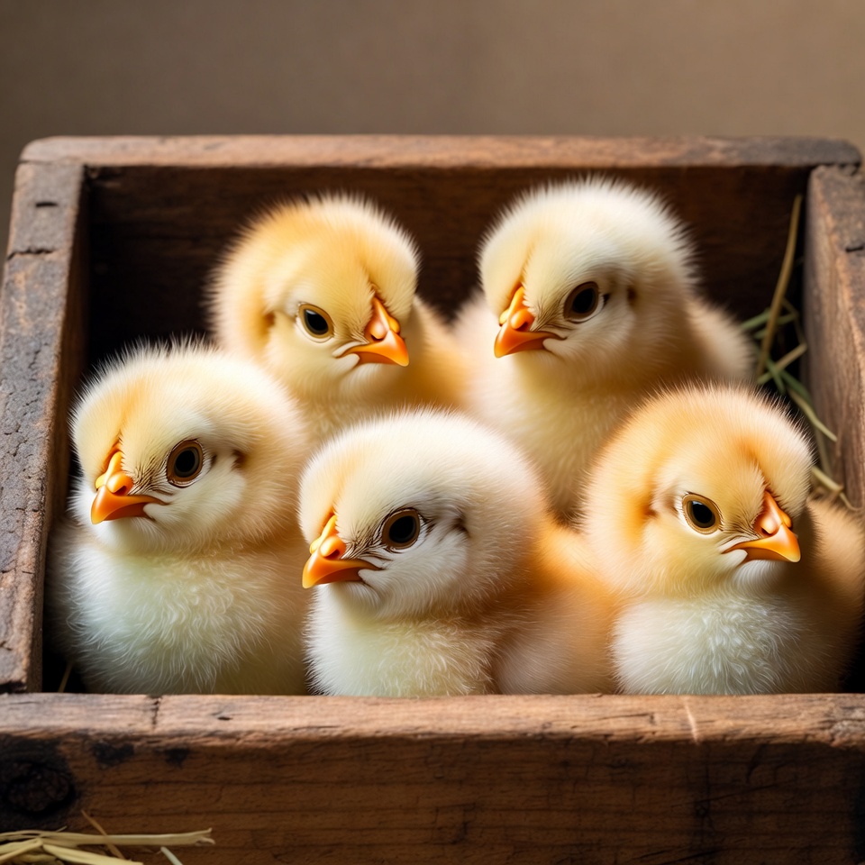Five fluffy chicks in wooden box Five fluffy chicks in wooden box