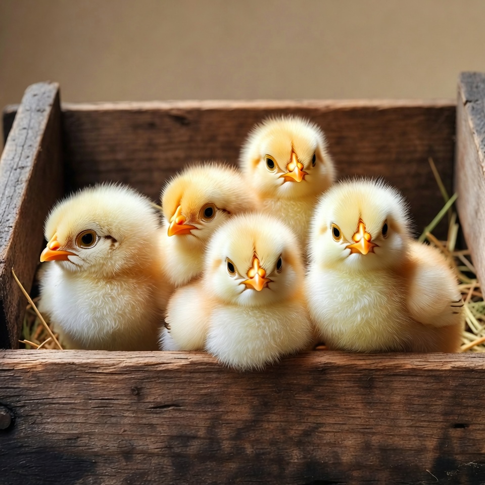 Cute baby chicks in wooden crate Cute baby chicks in wooden crate