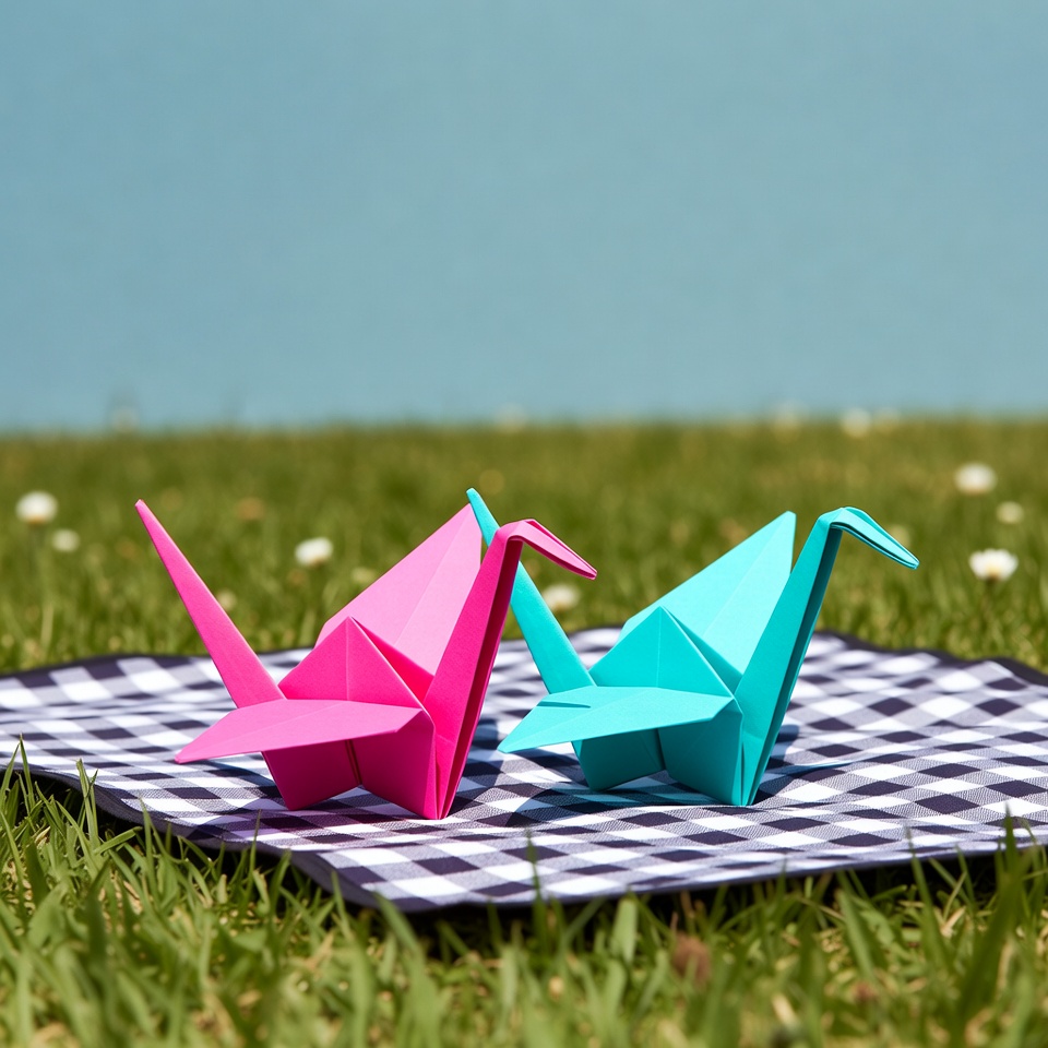 Pink and Blue Origami Cranes on Picnic Blanket Pink and Blue Origami Cranes on Picnic Blanket