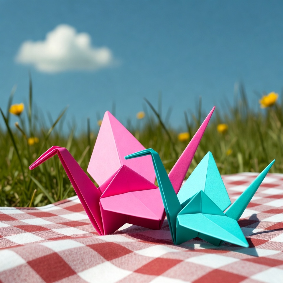 Pink and Blue Origami Cranes on Picnic Cloth Pink and Blue Origami Cranes on Picnic Cloth