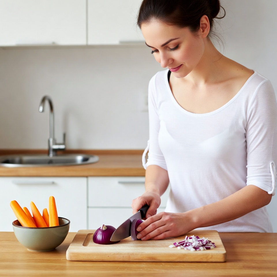 Woman chopping onion in kitchen Woman chopping onion in kitchen