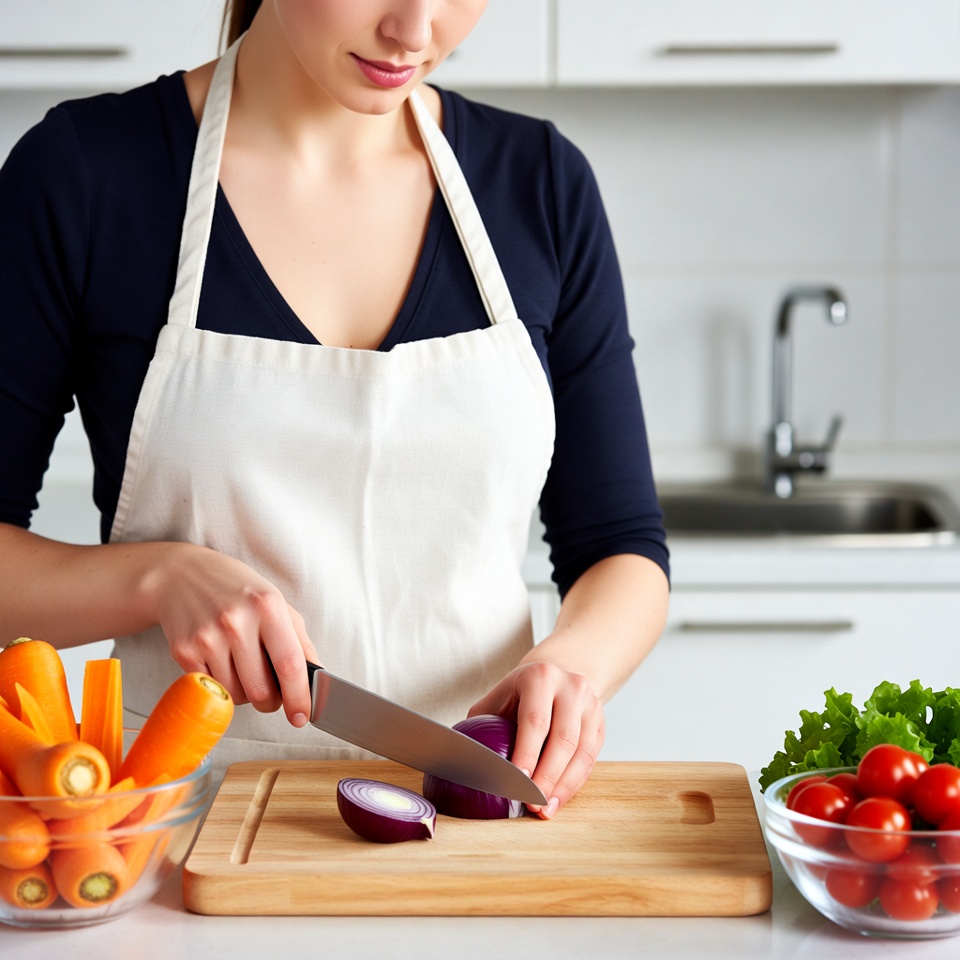 Woman chopping onion in kitchen Woman chopping onion in kitchen