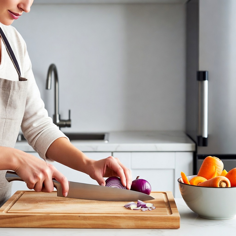 Woman chopping onions in kitchen Woman chopping onions in kitchen