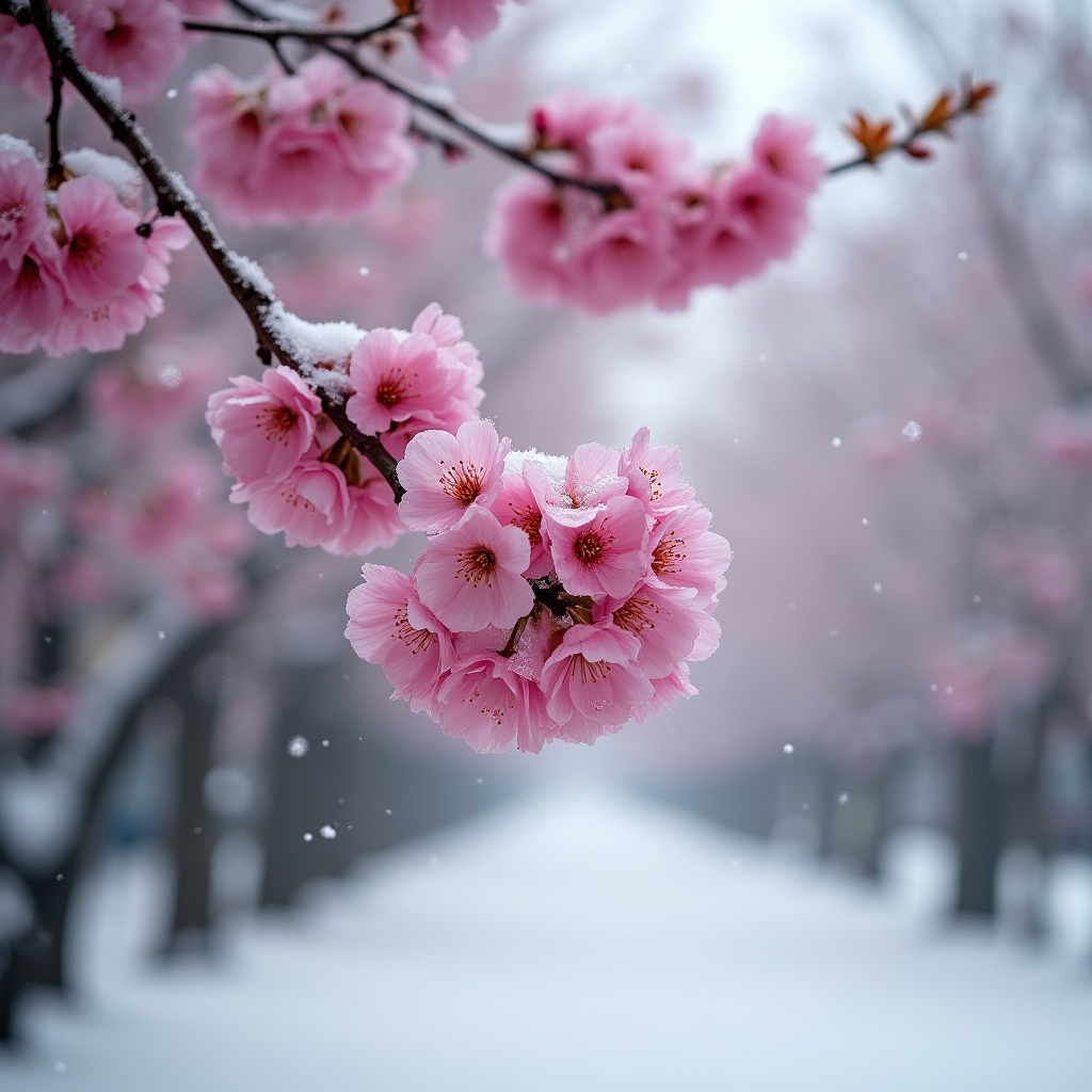 Pink Cherry Blossoms Covered in Snow Pink Cherry Blossoms Covered in Snow