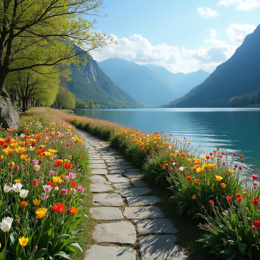Flower-Lined Path by Mountain Lake Flower-Lined Path by Mountain Lake
