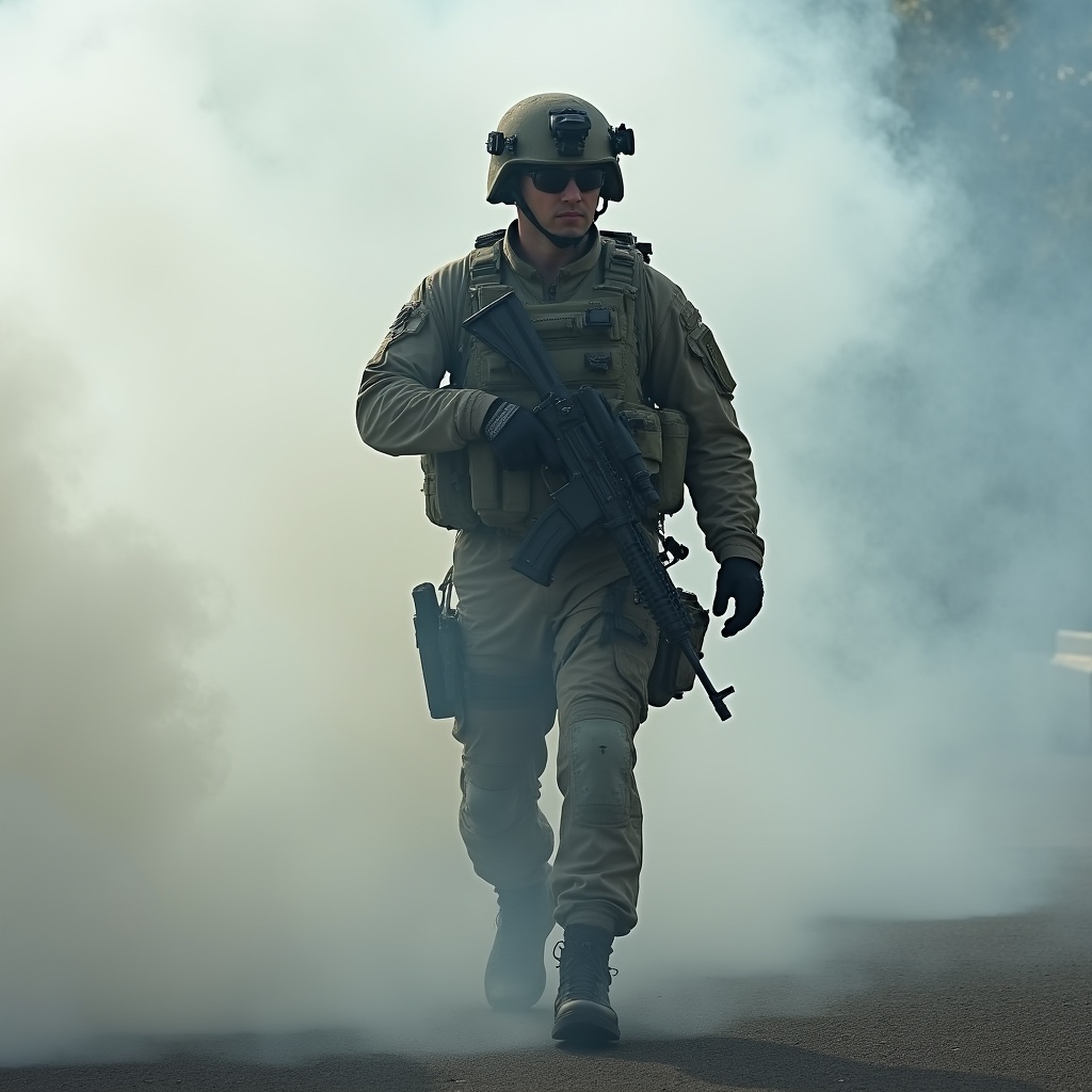 Soldier walking through smoke with rifle Soldier walking through smoke with rifle