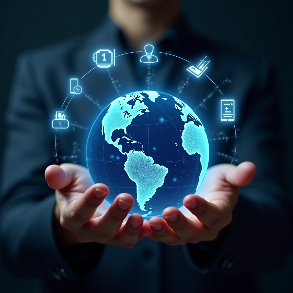 Man holding globe with digital icons Man holding globe with digital icons