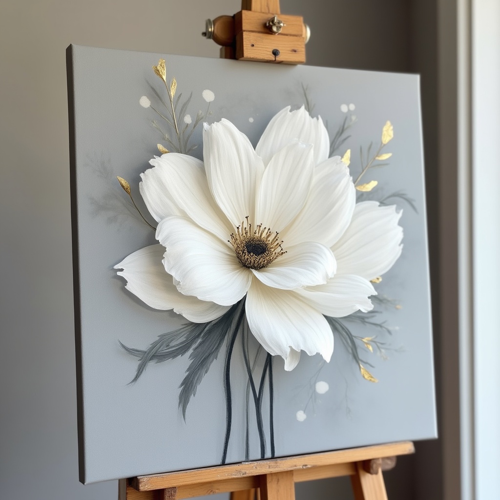 White Anemone Flower on Gray Canvas Easel White Anemone Flower on Gray Canvas Easel