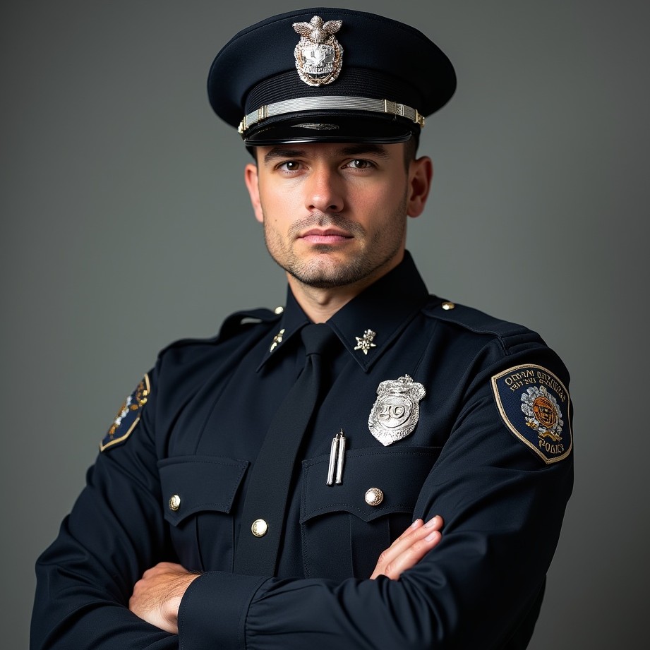 Policeman in uniform with arms crossed Policeman in uniform with arms crossed