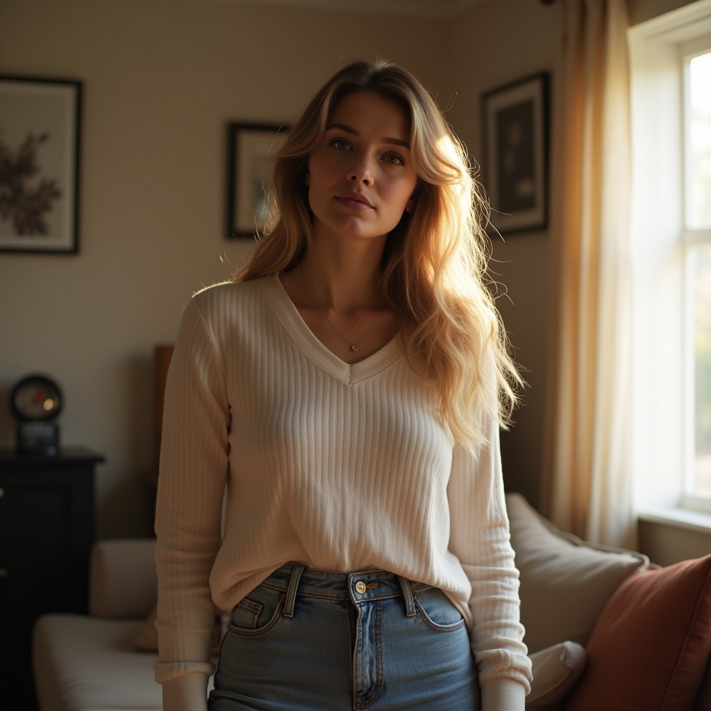 Blonde woman in white sweater and jeans Blonde woman in white sweater and jeans