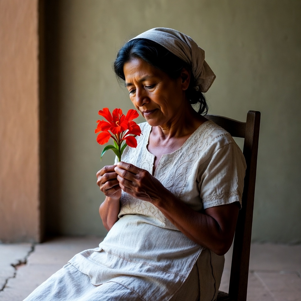 Elderly woman smelling red flower Elderly woman smelling red flower