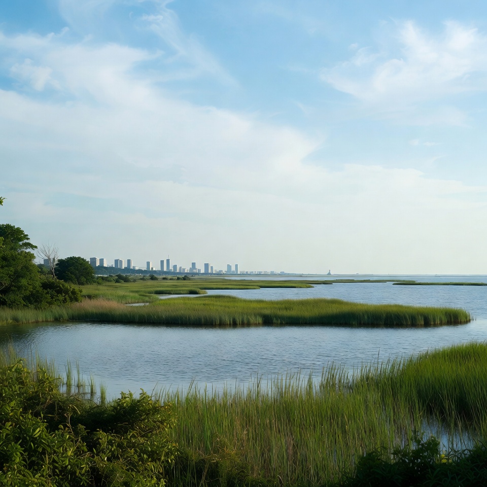 Marshland with city skyline horizon Marshland with city skyline horizon
