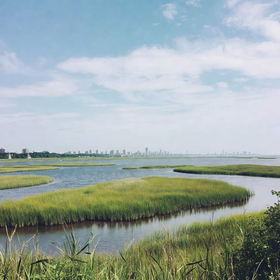 Marshland with distant city skyline Marshland with distant city skyline