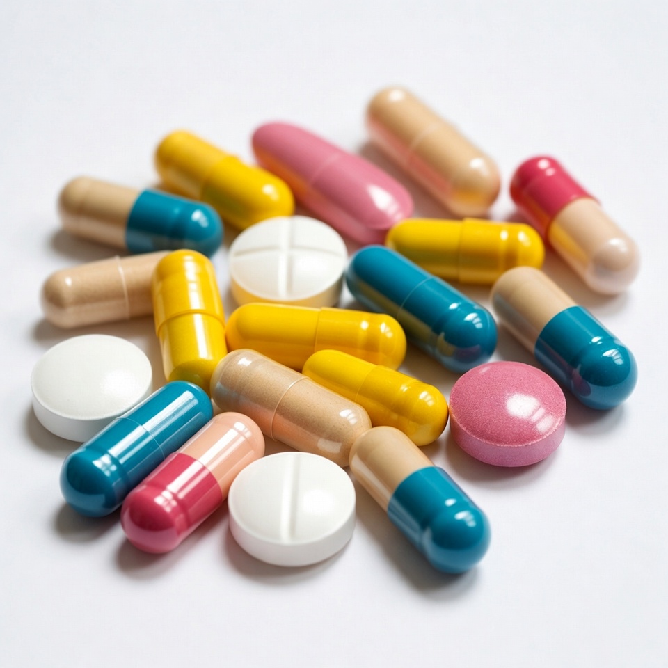 Colorful pills and capsules on white Colorful pills and capsules on white
