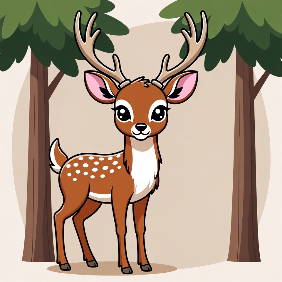 Cute cartoon fawn between trees Cute cartoon fawn between trees