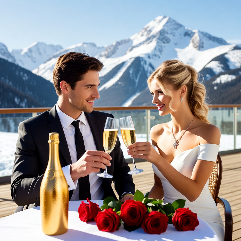 Couple toasting champagne with snowy mountains Couple toasting champagne with snowy mountains