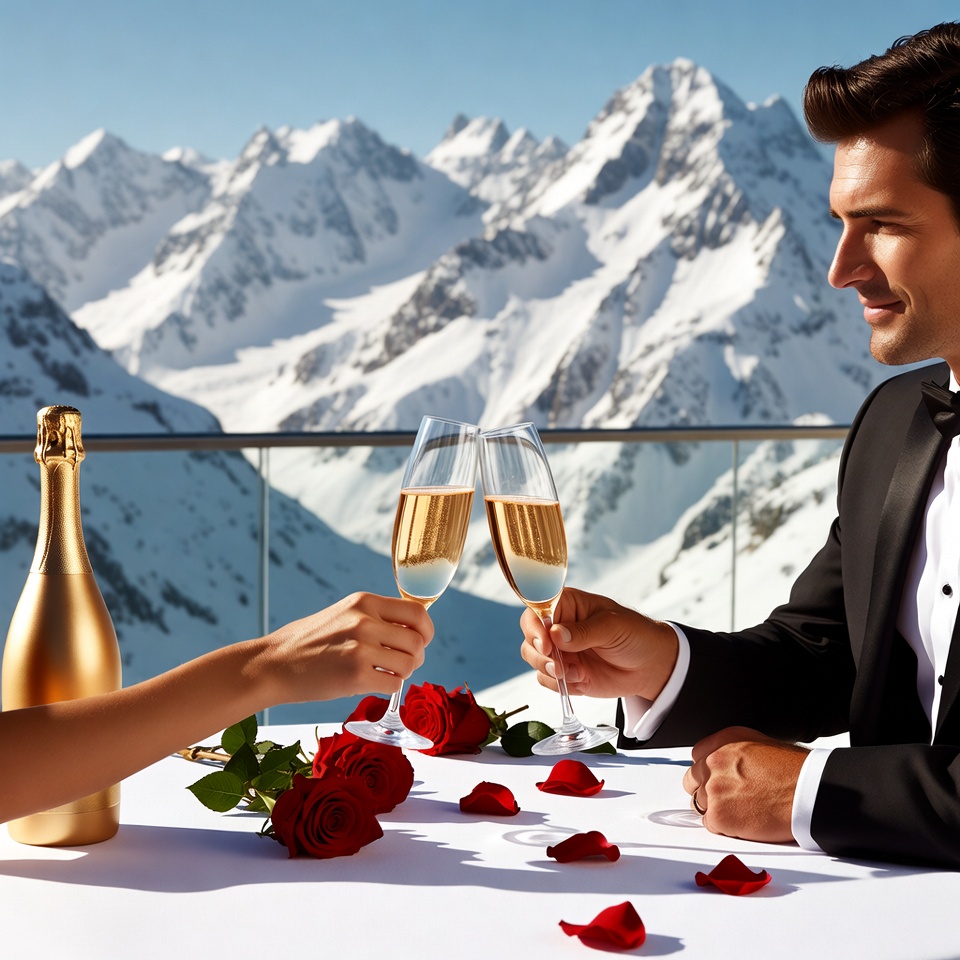 Couple toasting champagne with mountains Couple toasting champagne with mountains