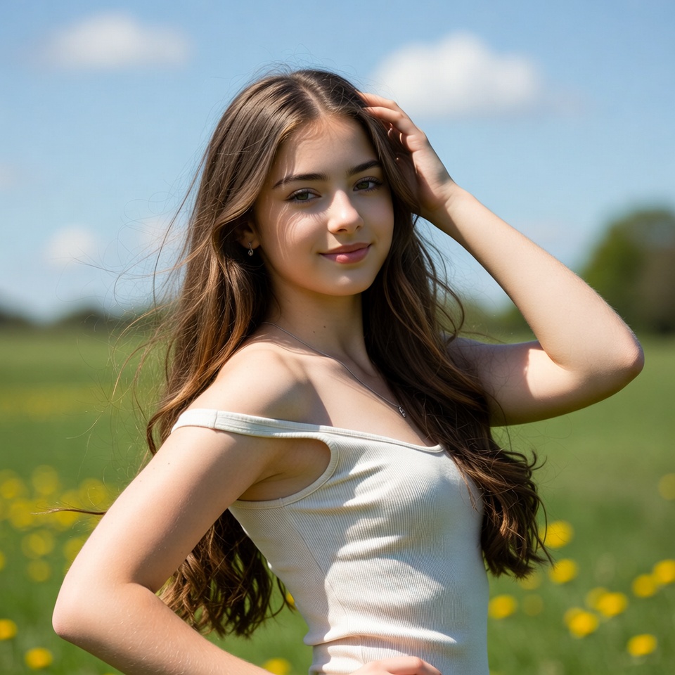 Young woman posing in field with flowers Young woman posing in field with flowers