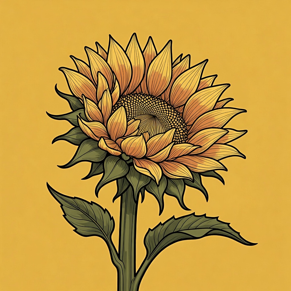 Illustrated Sunflower on Yellow Background Illustrated Sunflower on Yellow Background