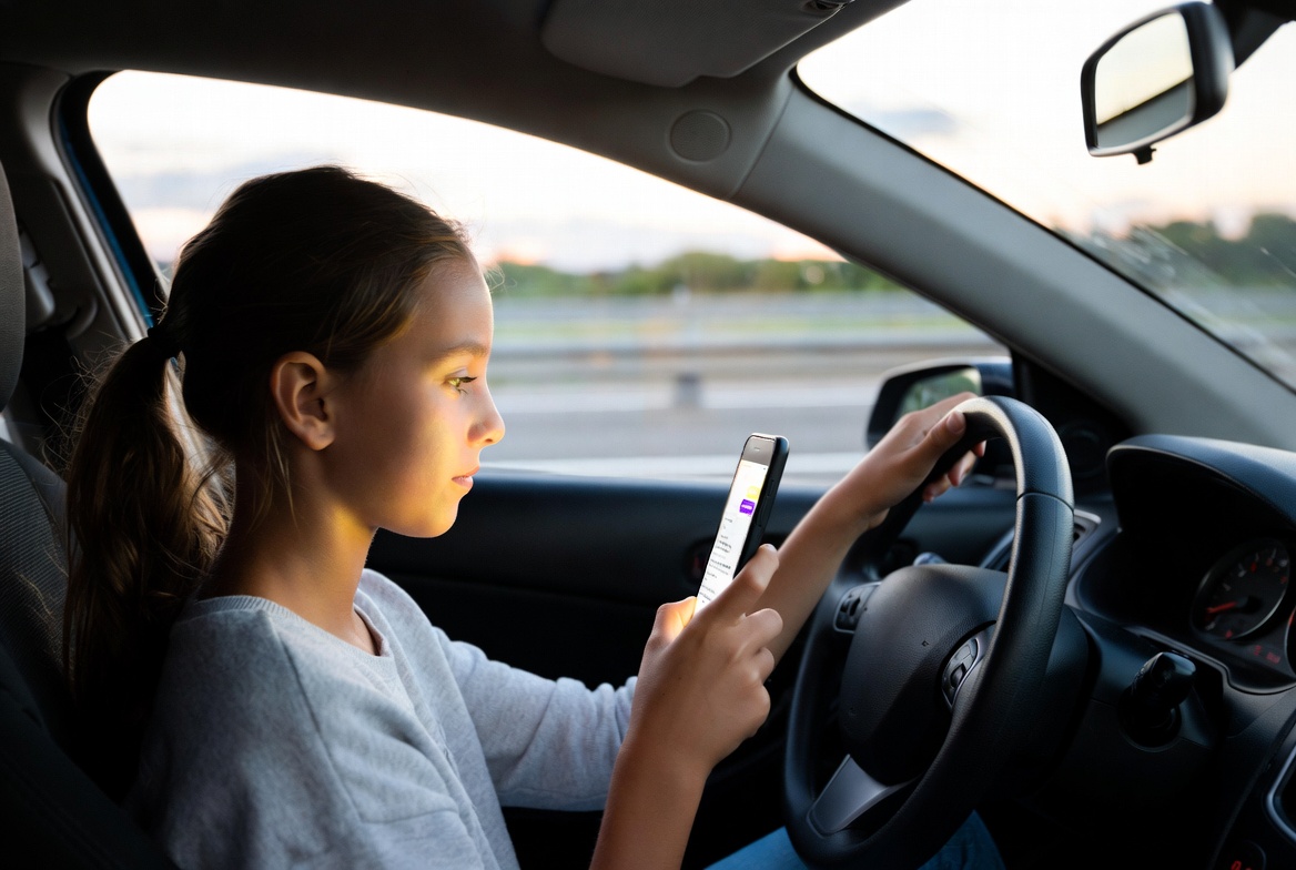 Girl texting while driving car Girl texting while driving car