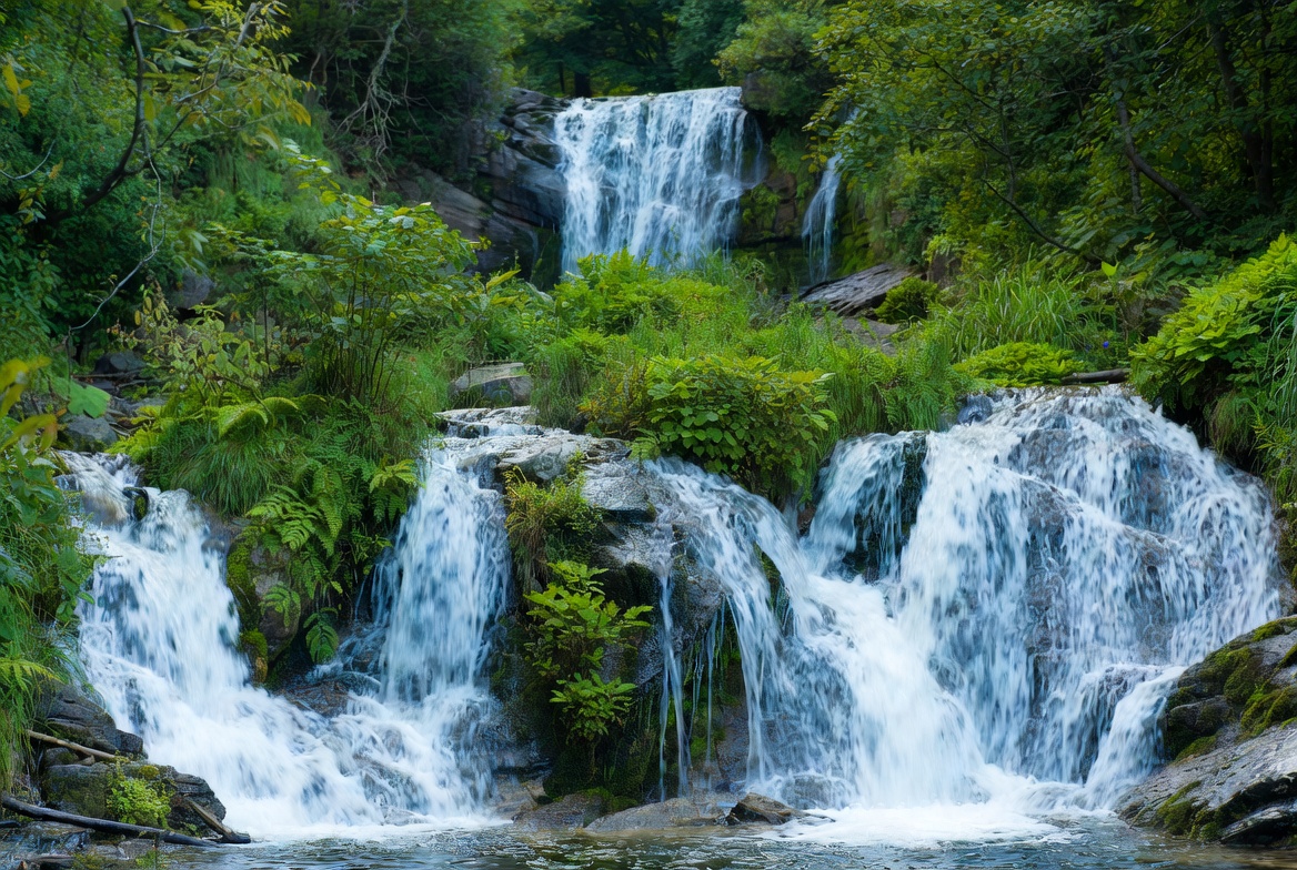 Multi-tiered waterfall in lush forest Multi-tiered waterfall in lush forest