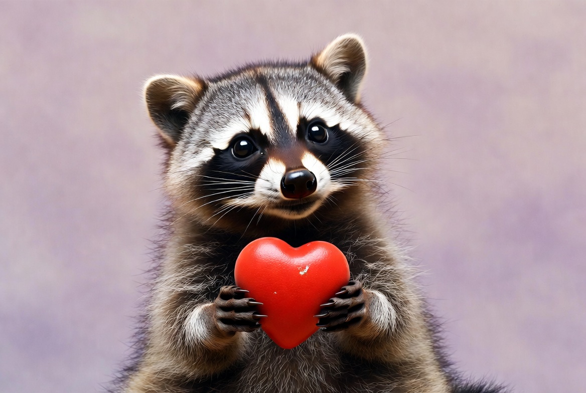 Raccoon holding red heart Raccoon holding red heart