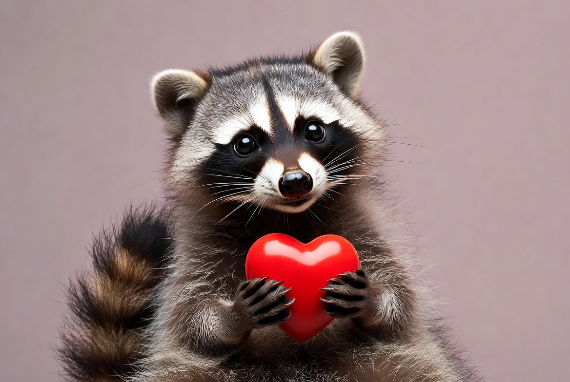 Raccoon holding red heart Raccoon holding red heart