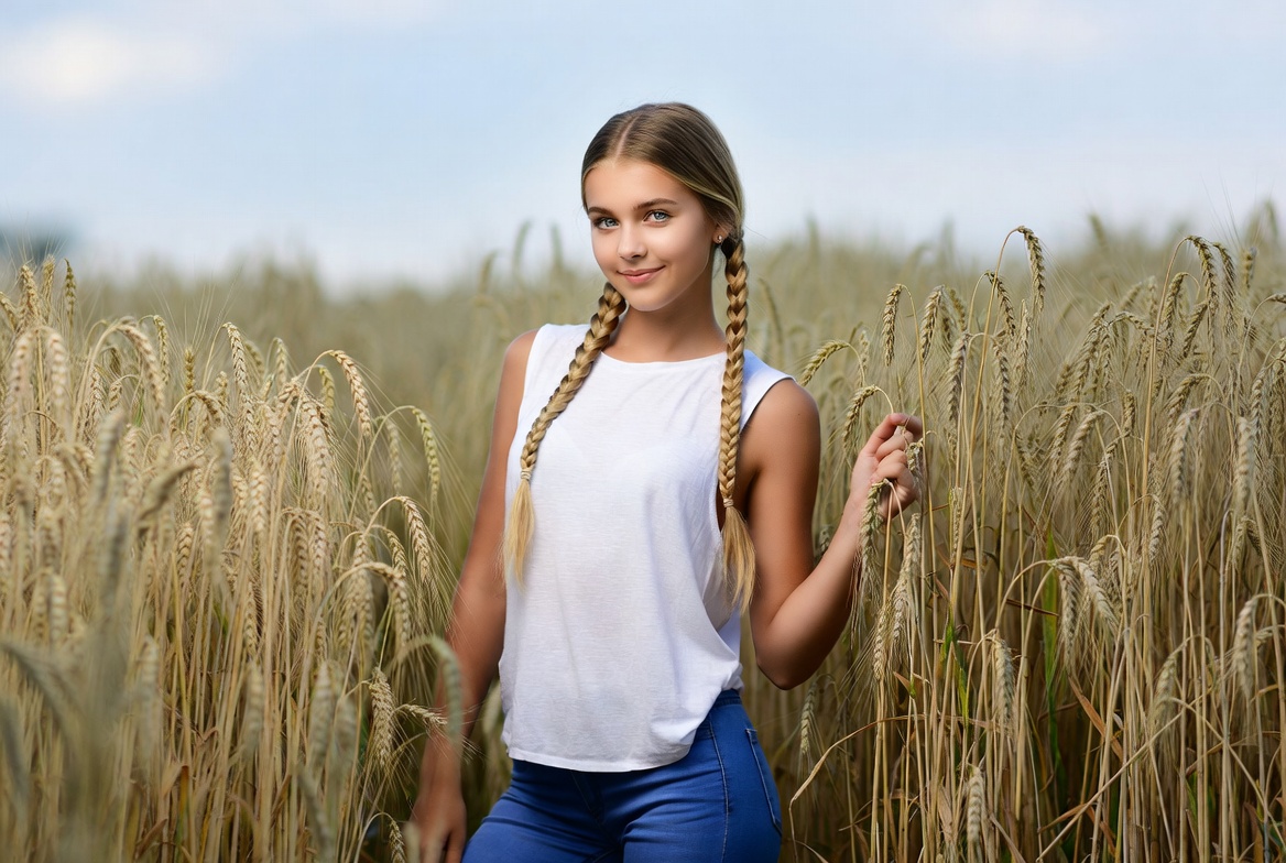 Teen girl with pigtails in wheat field Teen girl with pigtails in wheat field