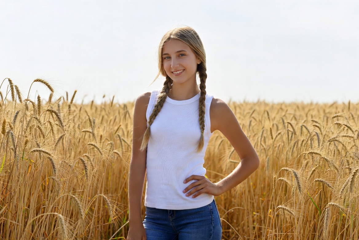 Girl with pigtails in wheat field Girl with pigtails in wheat field