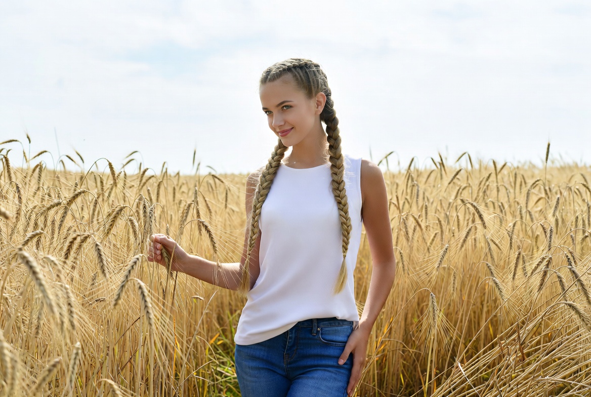 Woman with braids in wheat field Woman with braids in wheat field