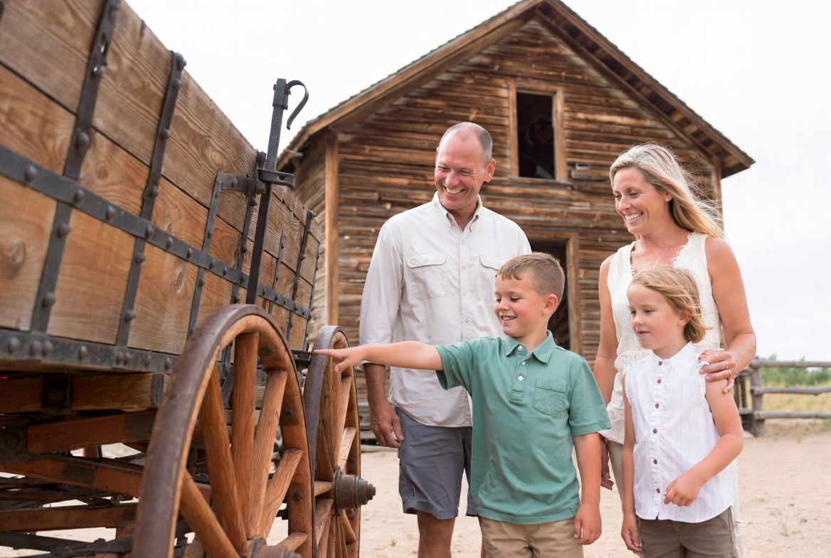 Family examining old wooden wagon Family examining old wooden wagon