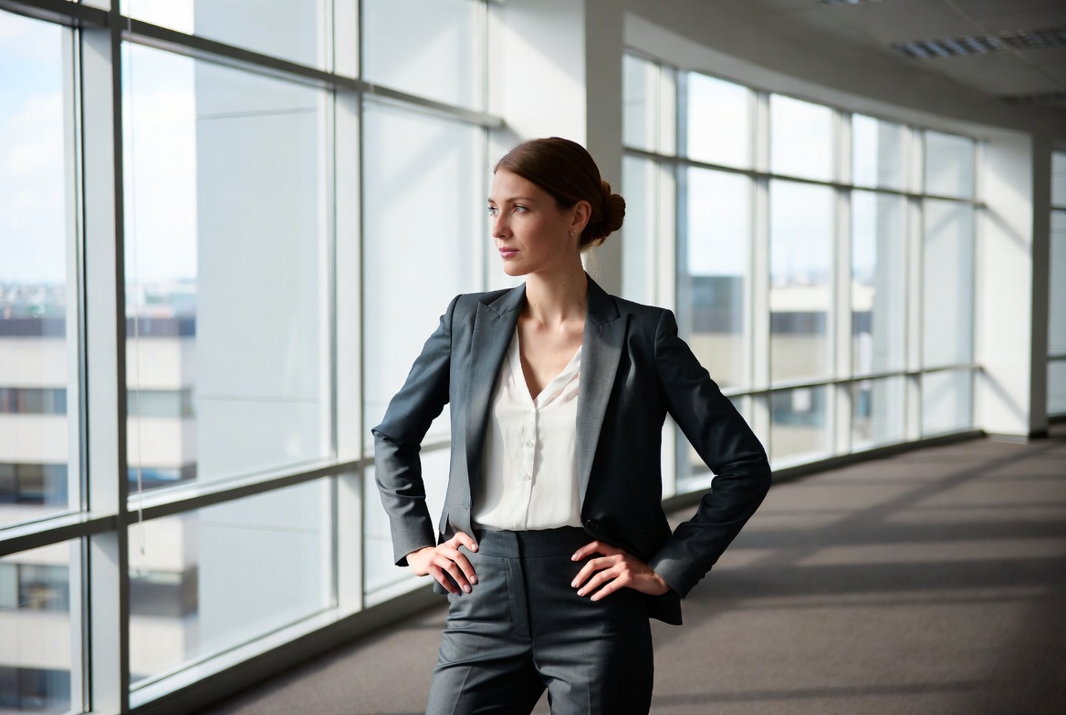 Confident woman in suit by office window Confident woman in suit by office window