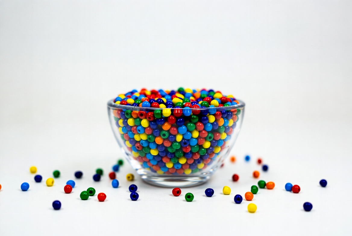 Colorful beads in glass bowl Colorful beads in glass bowl