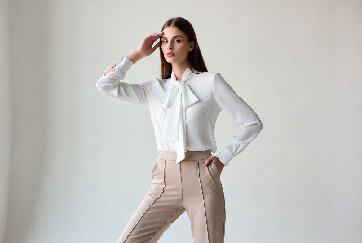 Woman in white blouse beige pants Woman in white blouse beige pants
