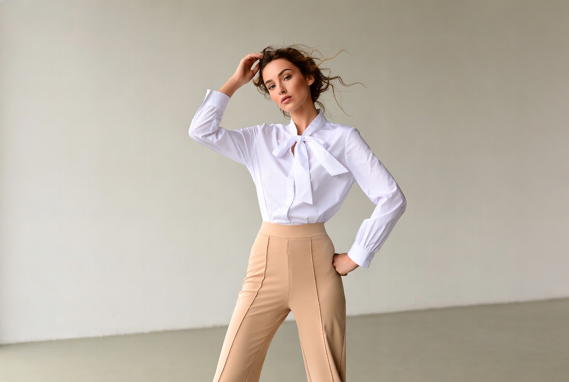 Woman in white blouse and beige pants Woman in white blouse and beige pants