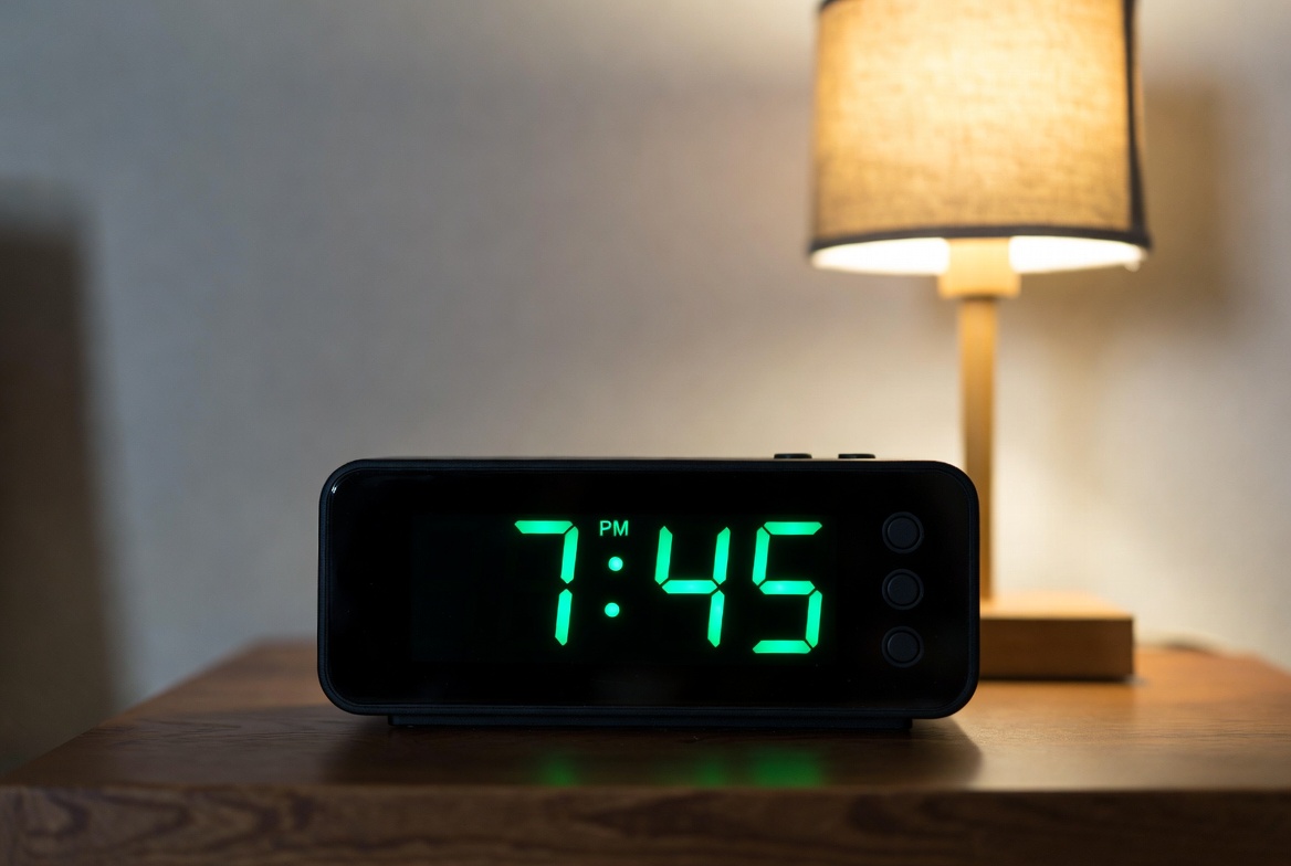 Digital Alarm Clock Showing 7:45 PM Digital Alarm Clock Showing 7:45 PM