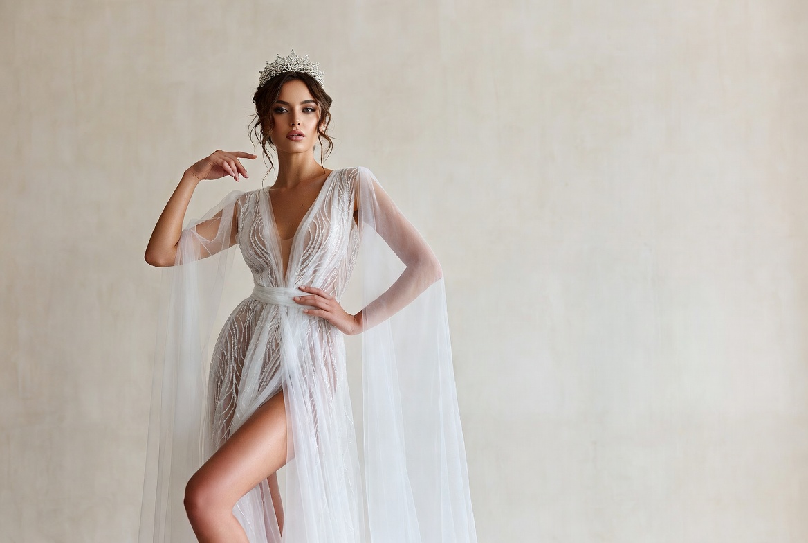 Woman in white lace gown with tiara Woman in white lace gown with tiara