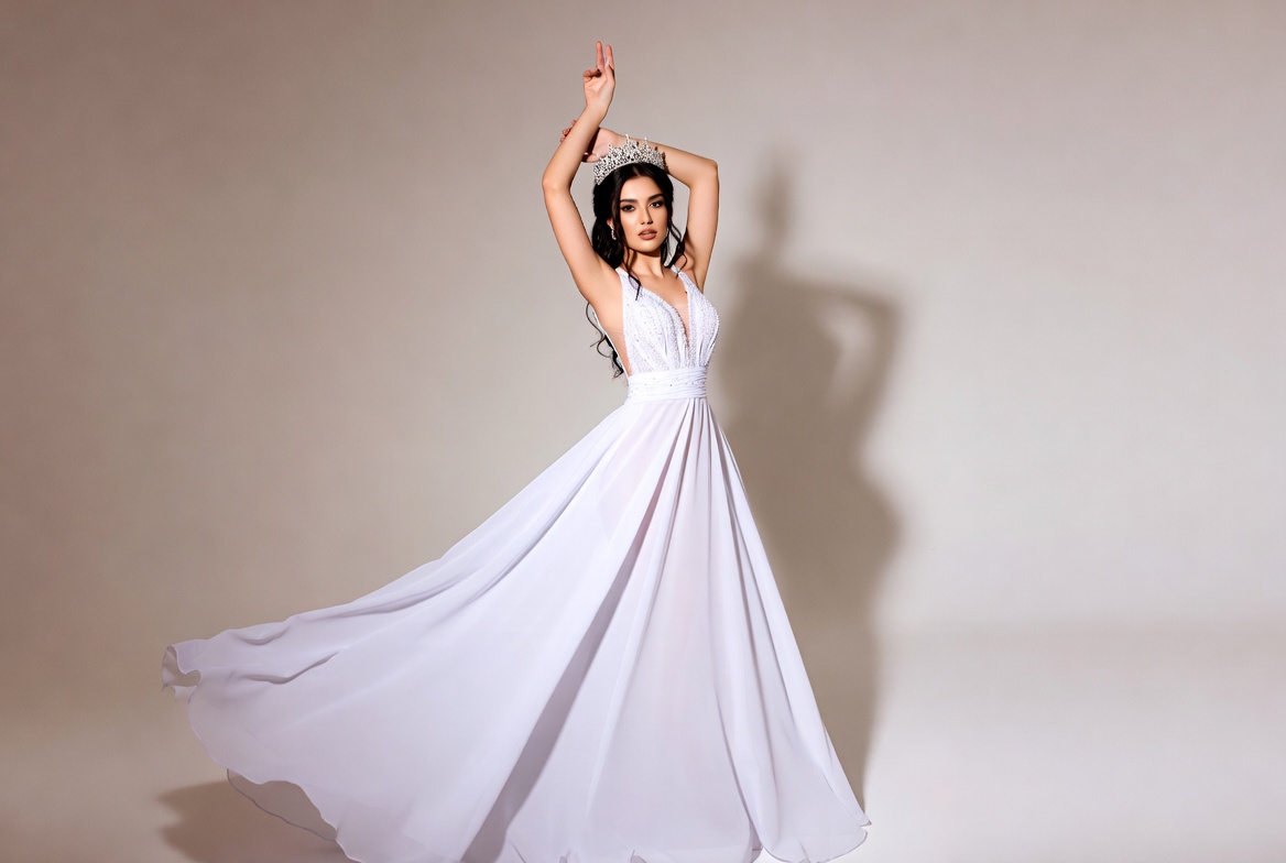 Woman in flowing white gown with tiara Woman in flowing white gown with tiara